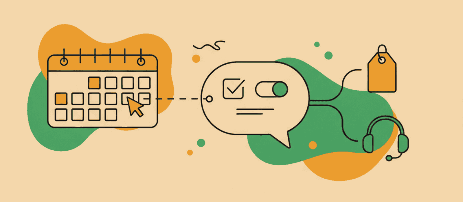 Editorial flat-vector illustration for SaaS Onboarding Chatbots: a 14-day calendar strip with three marked days, a speech shape holding a single ticked checkbox, and a fork where one path leads to a price tag and the other to a person