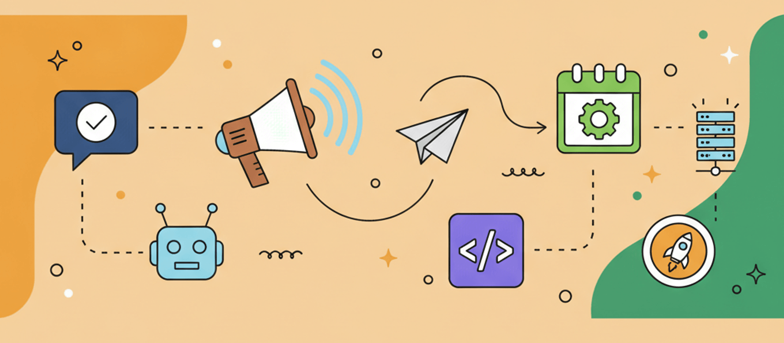 Editorial flat-vector illustration for Telegram Chatbot Setup — From @BotFather to a Live Bot, Step by Step (2026)