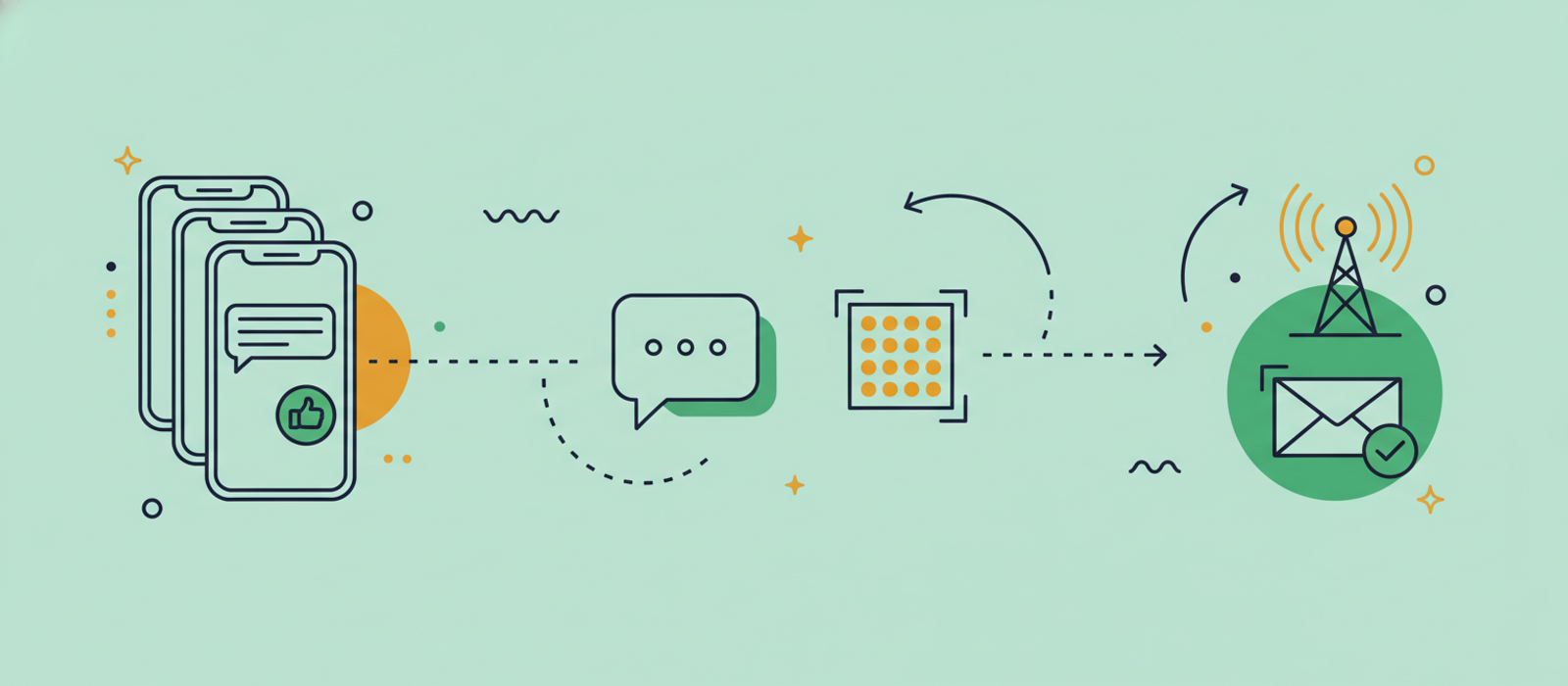 Flat editorial illustration: stacked phone screens, chat-bubble, QR-code grid, broadcast tower with arc waves, and an envelope-checkmark — visual metaphor for building a WhatsApp-style messaging chatbot.