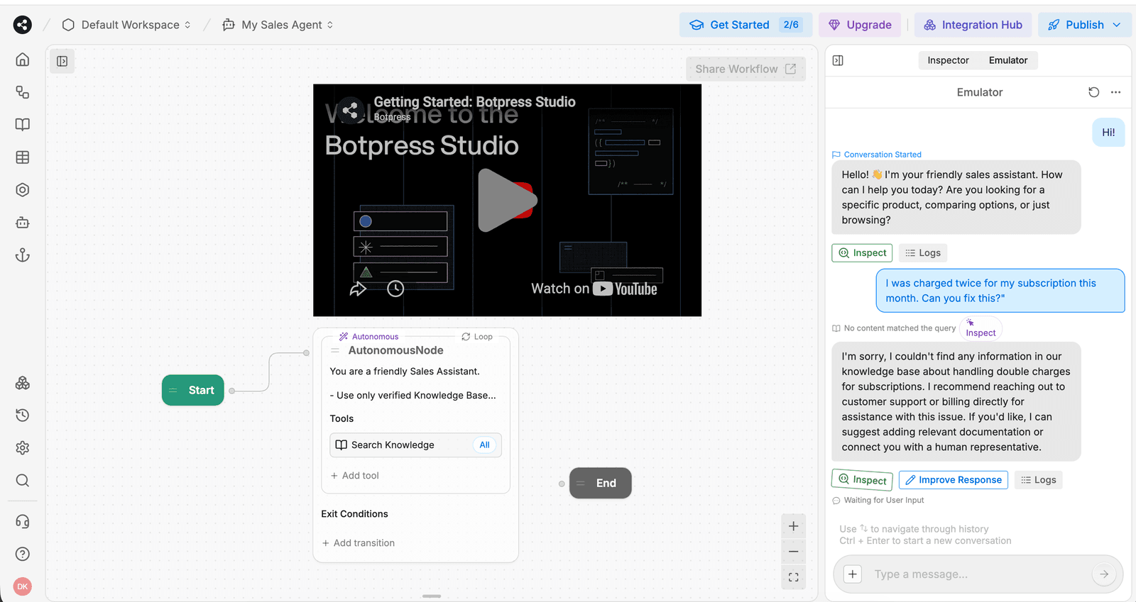 Botpress Studio flow canvas with a live emulator showing an AI agent conversation being tested